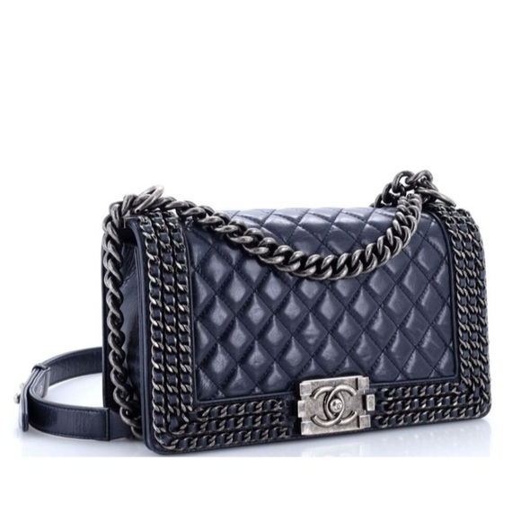 Gorgeous Authentic Chanel Boy Bag Medium Glazed Calfskin Navy Blue Chain Purse - Picture 7 of 17